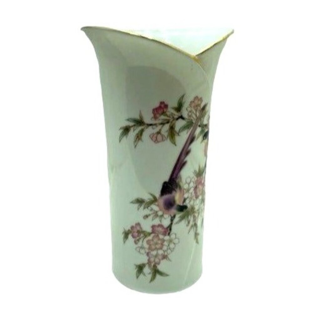 Toyo Sakura Vase Made in Japan Vintage 7" Birds Lotus Flowers Decor Vintage